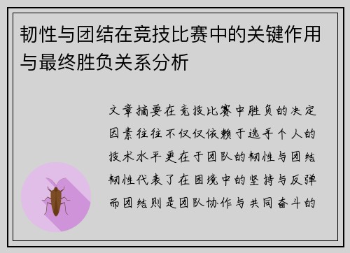 韧性与团结在竞技比赛中的关键作用与最终胜负关系分析