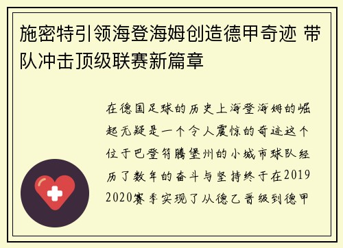 施密特引领海登海姆创造德甲奇迹 带队冲击顶级联赛新篇章